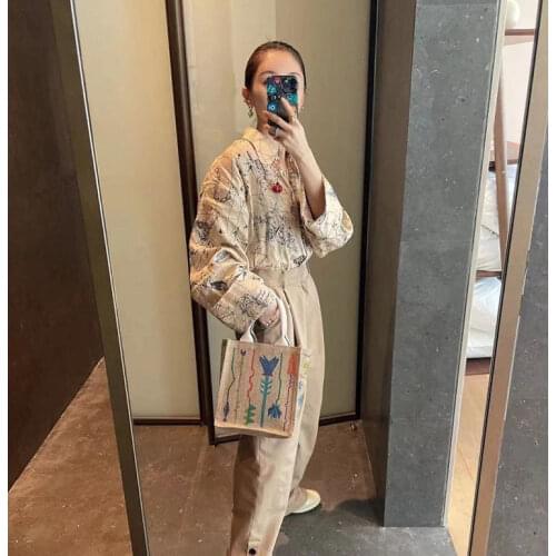 2021 Summer Women Long-Sleeved Blouse Geometric Letters Printed Turn Down Collar Lady Tops Causal Mid-Length Shirts with Buttons