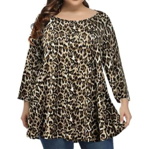 Plus Size Women Tshirt Leopard Printing Ruffles 2021 Autumn Tee Shirts Loose O-Neck Long Sleeve Pullover T-shirt Top Office