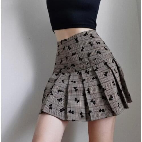 WOMENGAGA Butterfly Flocking Plaid High Waist Pleated Skirt 2021 Summer New Fashion Slim A-line Mini Skirt For Women DAUK