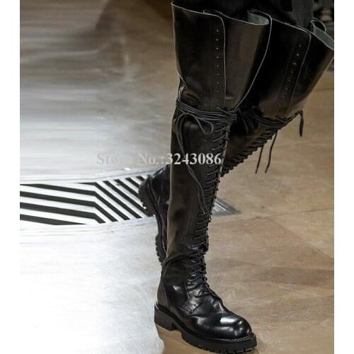 Popular Lace-up Flat Thigh High Boots Woman European Style Brand Design Black Leather Over Knee Boots Lady Thin Legs Long Boots