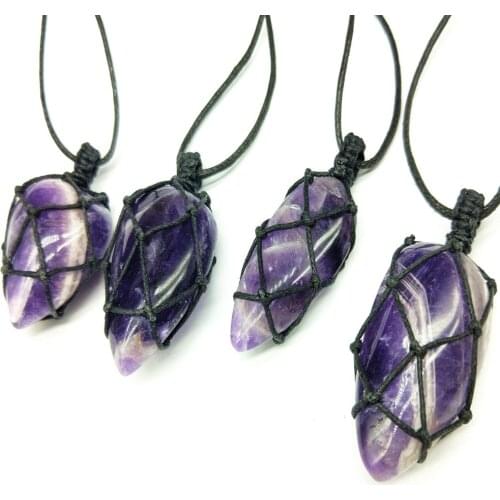 Imixlot Natural Amethyst Pendant Necklace Hand-knitted Amethyst Original Stone Polished For Women Jewerly Gift