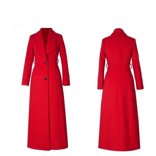 2019 womens long woolen coat Slim Turn-down Collar Single Breasted Red Black