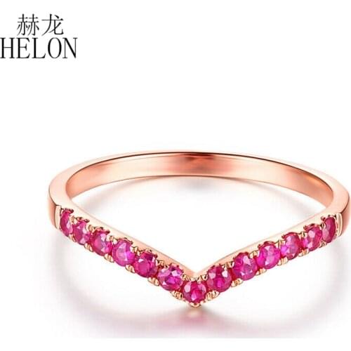 HELON Gemstone Bands Ring Solid 14K Rose Gold AU 585 Genuine Red Rubies 0.4ct Women Trend Fine Jewelry Wedding Engagement Ring