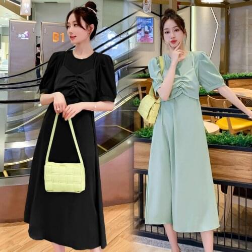 1136# Maternity Clothes Summer Short Sleeve Slimming False Two-piece Loose Stylish Dress for Pregnant Women Mom Dress
