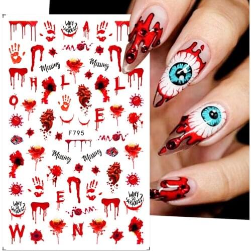 3D Halloween Blood Fake Scab Tattoos Nails Stickers Bloody Wound Splatter Palm Nail Art Decal Creepy Manicure Accessories BEF796