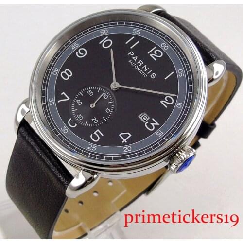 Automatic mechanical 42mm PARNIS black/blue dial date indicator black leather strap luxury mens watch 1273
