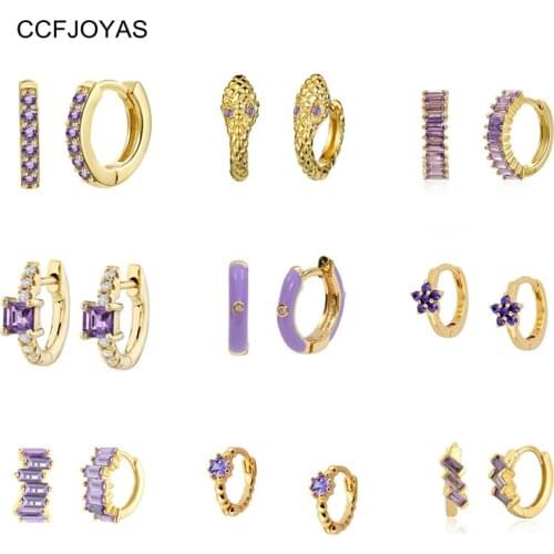 CCFJOYAS High-Quality 925 Sterling Silver Small Hoop Earrings for Women Purple Color Zircon Gold Round Earrings Fashion Jewelry