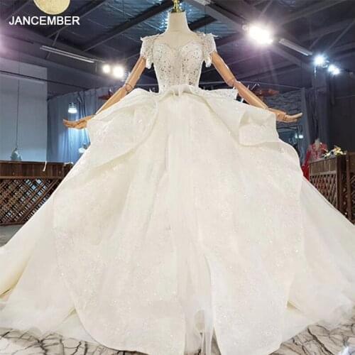 HTL1912 Ball-Gown Beaded Crystal Luxury Wedding Dress 2020 Short Cap Sleeve Deep V-Neck Lace Up Back