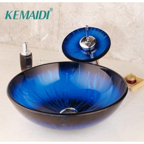 KEMAIDI stripe Blue Bathroom Sink Transparent Tempered Glass Vessel Sink With Waterfall Faucet Wash Basin Set Round Basin