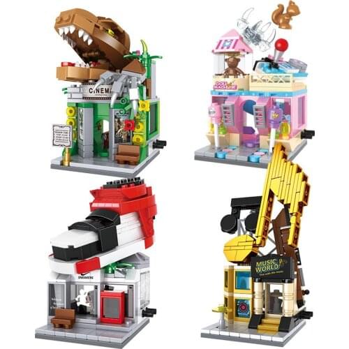 HSANHE Mini Street View Building Blocks Dinosaur Hall Shoe Store Crane Machine Concert Hall Children Assembled Gift