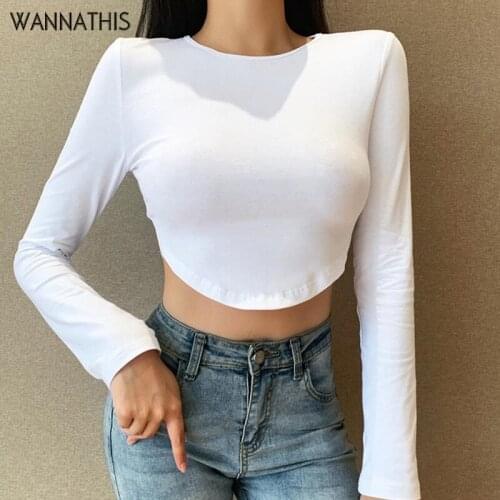 WannaThis Hem Assymmetric Crop Top O-neck Long Sleeve Sexy Womens T-shirts Solid Autumn Streetwear Fashion Casual Cropped Top