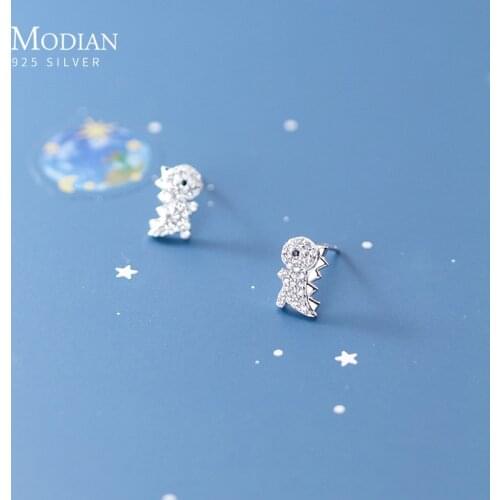 Modian Clear CZ Little Dinosaur Real 100% 925 Sterling Silver Anti-Allergy Animal Stud Earrings for Women Fine Jewelry Kids Gift