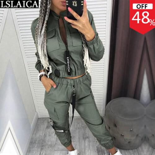 Fashion Vetement Femme 2021 Long Sleeve Stand Collar Sportswear Pant Suits Solid Color Zipper Design Elastic Waist Women Outfit