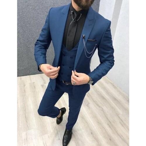 Fashion And Retro Three Piece Navy Blue Men Suits Lapel Custom Made Wedding Tuxedos Slim Fit Male Suits Jacket + Pants + Vest