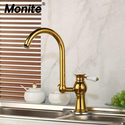 Monite Golden Plated Water Mixer Tap Faucet Kitchen Sink Basin Swivel Vessel Golden Polished Deck Mounted 1 Handle Faucet