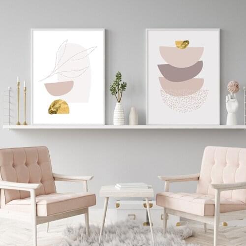 Beige Pink Gold Geometry Canvas Painting Abstract Line Leaf Wall Art Modern Poster and Print Picture for Living Room Home Decor