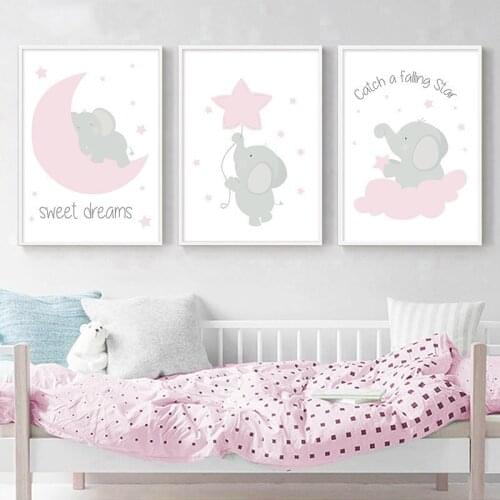 Pink Elephant Star Canvas Children Poster Print Baby Girl Nursery Wall Art Picture Painting Nordic Kids Bedroom Decoration