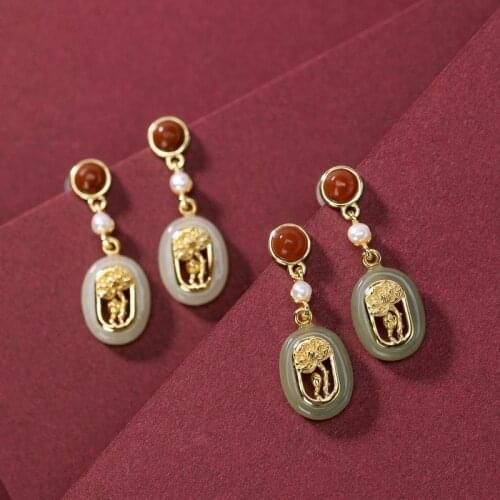 Original S925 Sterling Silver Natural Hetian Jade South Red Antique Design Lotus Graceful and Fashionable Ladies Ear Stud Earrin