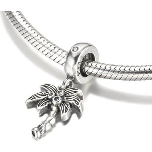 Authentic S925 Silver Pendant Charm for Women Bracelet Bangle DIY Jewelry Palm Tree & Coconuts Dangle Bead