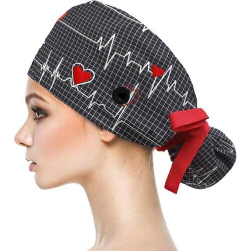 Hospital Beauty Salon ECG Print Working Scrub Cap Sweatband Bouffant Turban Nurse Hat Tie Back Adjustable Sweat Strip A40