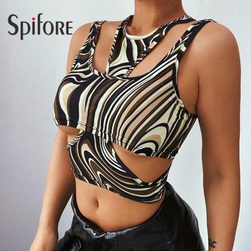 Spifore Paisley Printed Tops Summer Women Sleeveless Sheath Party Tanks Brown New Fashion Streetwear Hollow Out Sexy Crop Tops