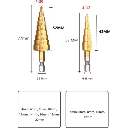 Hss step drill bit set cone hole cutter Taper metric 4 - 12 / 20mm 1 / 4 "titanium coated metal hex core drill bits