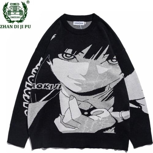 Mens Oversized Knitted Sweater Japanese Anime Graphics Cartoon Printed Tops Harajuku Streetwear Casual Long Sleeves Pullover