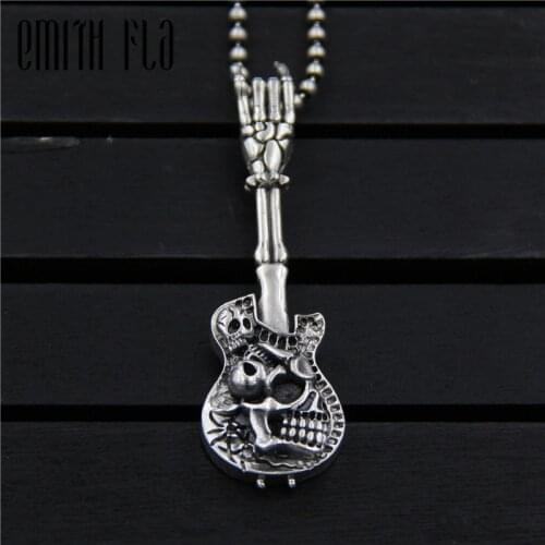 Thai Silver Skeleton Skull Guitar Pendants European And American Design Vintage Necklace Pendants Jewelry for Women And Men Gift