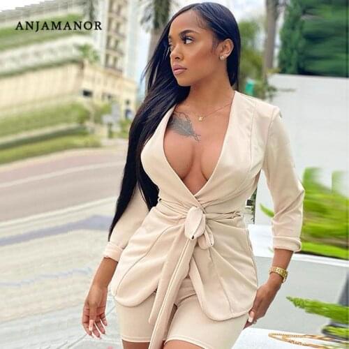 ANJAMANOR 2 Piece Set Women Jacket Blazer Outfit Fall 2021 Fashion Shorts Sets Elegant Sexy Business Pant Suit D74-DD45