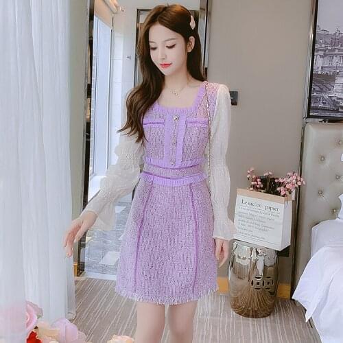 Fall 2021 New Ladies Flare Long Sleeve Slim Waist Ruffle Tweed Dresses Women Fashion Autumn Purple Woolen Mini Dress Robe