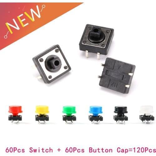 120Pcs=Plastic Tactile Switch PCB Tact Push Button Momentary Switch 4 Pins + 6 Color Button Cap 12*12*7.3mm