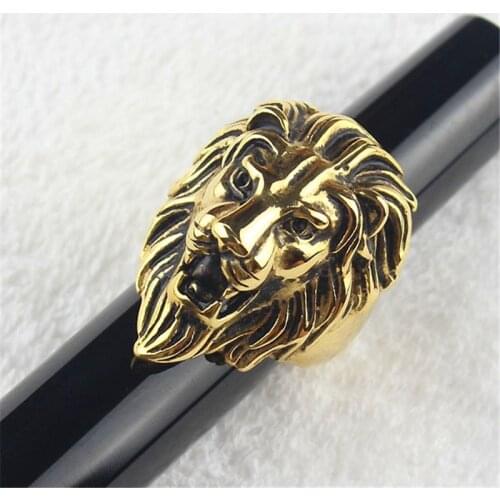 Big Heavy Mens Stainless Steel Lion Head Biker Ring Gold Tone