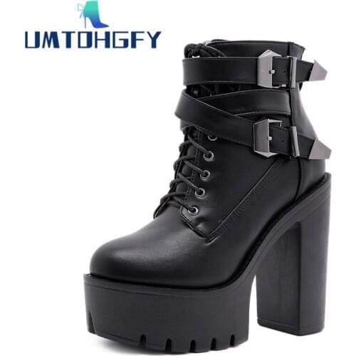 Nightclub Spring Autumn Women Boots High Heels Platform Buckle Zipper Leather Short Booties Black Punk Sexy Girl Shoes Ankle 42