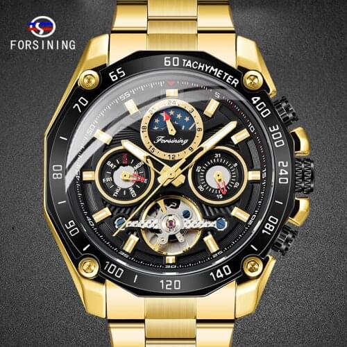 FORSINING Tourbillon Male Watch Moon Phase Mens Clock Steel Design Business Automatic Men Wristwatch