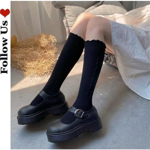 Lolita Academy Girl Knee High Socks 2021 Fashion Women Black Cotton Woolen Cloth with Bow Knot Stockings For Sexy Lingerie