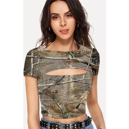 Somepet Camouflage T-shirt Women Tree Tshirts Casual Psychedelic Navel Bare Abstract Hollow Out T shirts Womens Clothing Summer