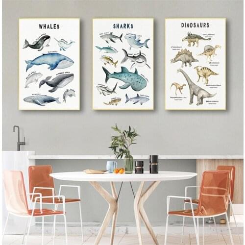 Wall Picture Painting Baby Kids Room Decor Child Dinosaurs Whale Shark Marine Animal Nursery Canvas Art Print Education