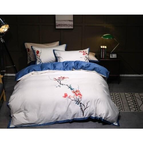 Luxury Tribute silk bedding set queen king size 60S bed set 4pcs 100% cotton duvet cover bed sheet sets Embroidered blue white