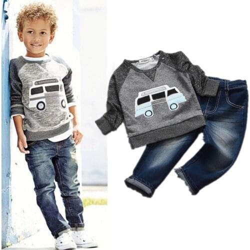 Childrens Suit Autumn New Boys Long Sleeve Cartoon Car Top + Denim Pants Two Piece Set