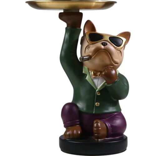 Lovely Luxury style Bulldog Porch Key storage Ornaments Tabletop Display platform Tray Resin Statue Sculpture Gift Upscale