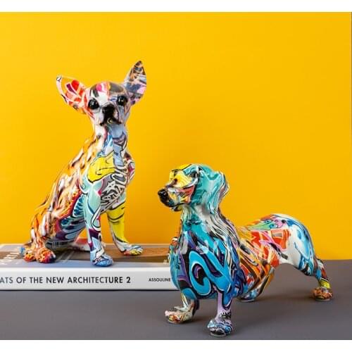 Creative Color Bulldog Chihuahua Dachshund Dog Statue Resin Crafts Living Room Ornaments Home Modern Decoration Office Decor