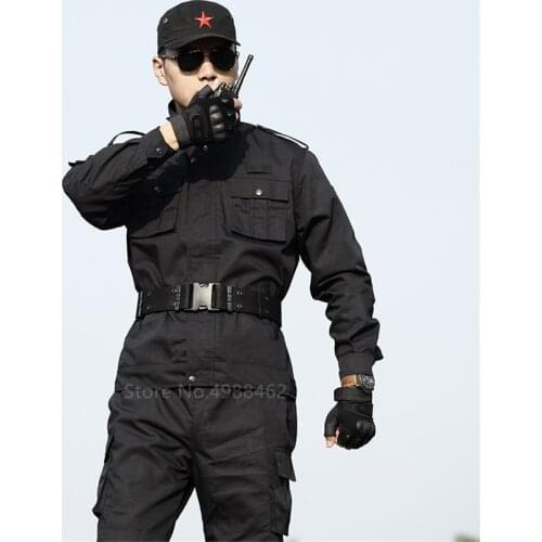 Black Military Army Uniform for Men Male Tactical Combat Clothes Outdoor Work Wear Multi-pocket Stand Collar Train Top Pants Set