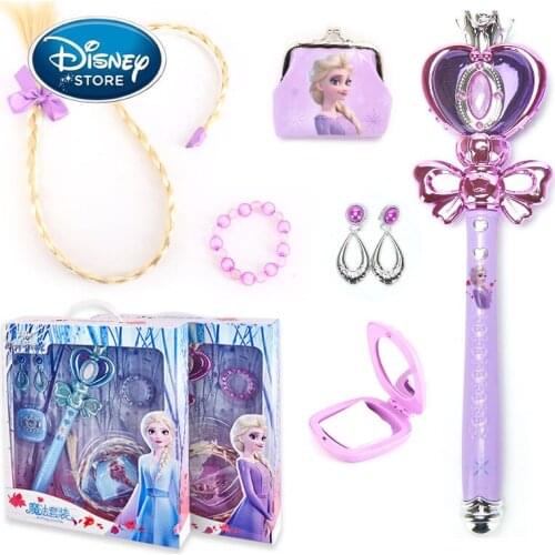 Disney Childrens Crown Hair Accessories Set Frozen Princess Hairpin Earrings Necklace Little Girl Princess Elsa Magic Wand Toy