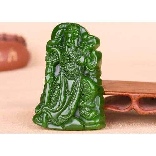 Natural Green Chinese Jade Guangong Pendant Necklace Hand-Carved Hero Jadeite Fashion Charm Jewellery Amulet for Men Women Gifts