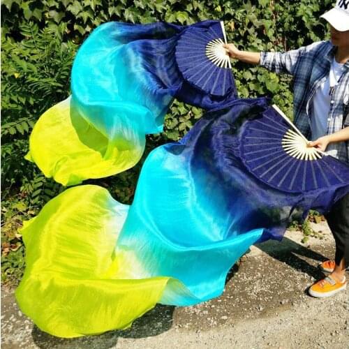 NEW 100% Real Silk Belly Dance Silk Fans 1Pair/2pcs Handmade-Dyed Silk Belly Dance long Fan Chinese Dance Fans Veils