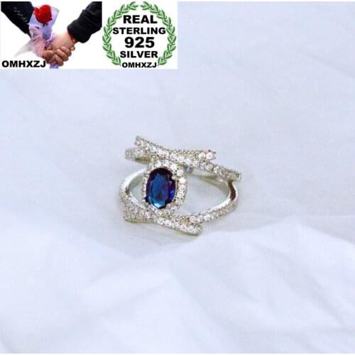 OMHXZJ Wholesale European Fashion Woman Man Party Wedding Gift Silver White Blue Oval AAA Zircon 925 Sterling Silver Ring RR35