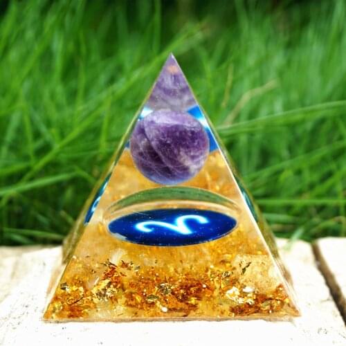 Handmade Orgonite Pyramid 60mm Zodiac Amethyst Sphere Citrine HEALING Crystal Reiki Orgone Pyramid Chakra EMF Protection
