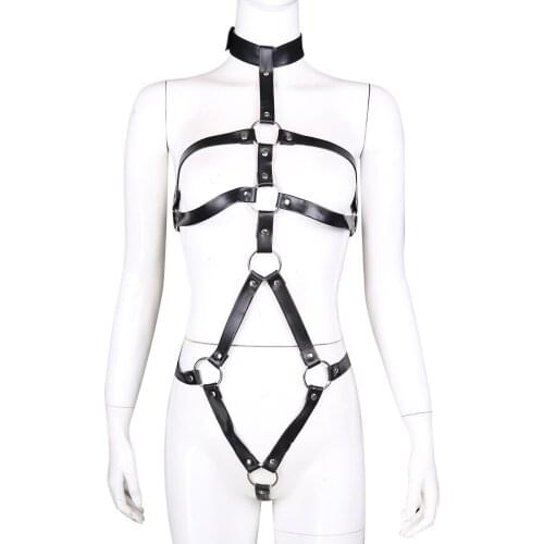 Sexy PU Leather Body Harness Women Fetish Slave Bondage Restraints Exposed Breast Chastity Belt Sex Products Adult Games Toys