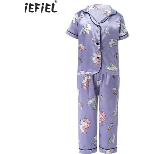 Children Pajamas Set Kids Boys Girl Pajamas Silk Summer Nightgow Kids Sleepwear Clothes Set Short Sleeve Blouse Tops+Pants 2PCS