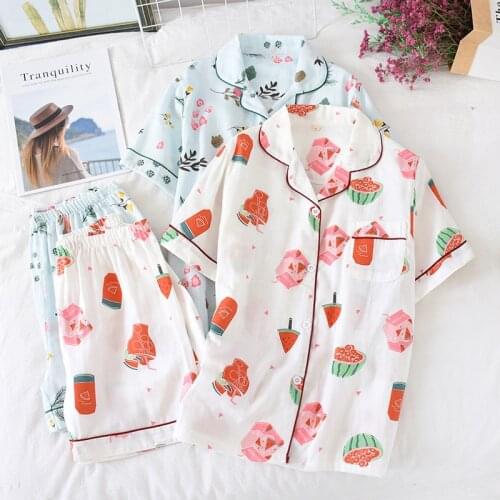 Japanese spring and summer pajamas ladies 100% cotton gauze thin section loose Korean version of home clothes short sleeve short